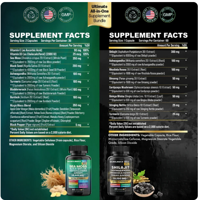 Shilajit + Ashwagandha + Rhodiola Rosea + Panax Ginseng – Suplemento Natural Energizante 60 Cápsulas