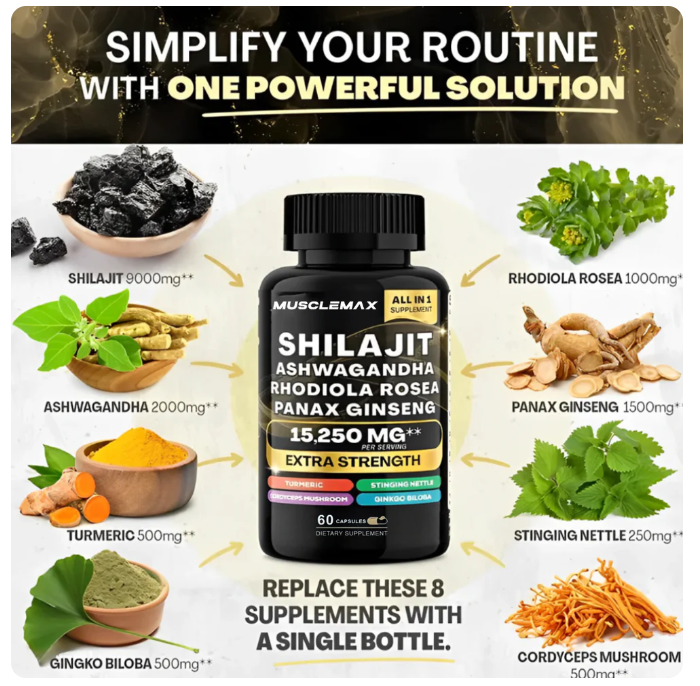 Shilajit + Ashwagandha + Rhodiola Rosea + Panax Ginseng – Suplemento Natural Energizante 60 Cápsulas